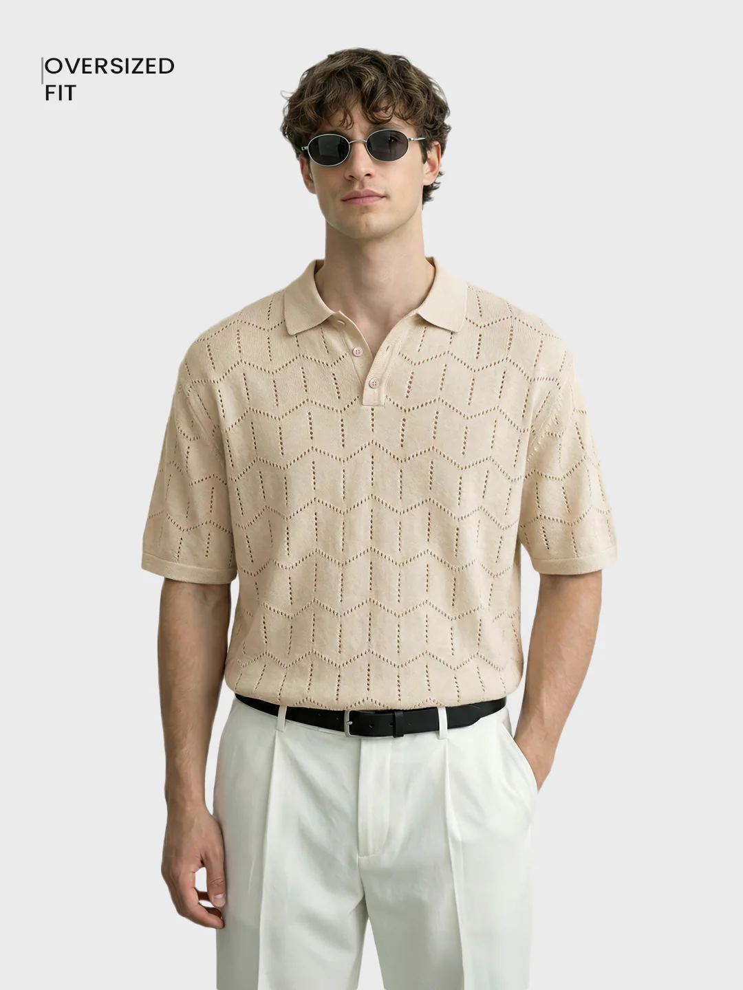 Men's Cream Oversized Fit Textured Flat Knit T-Shirt - Image 2