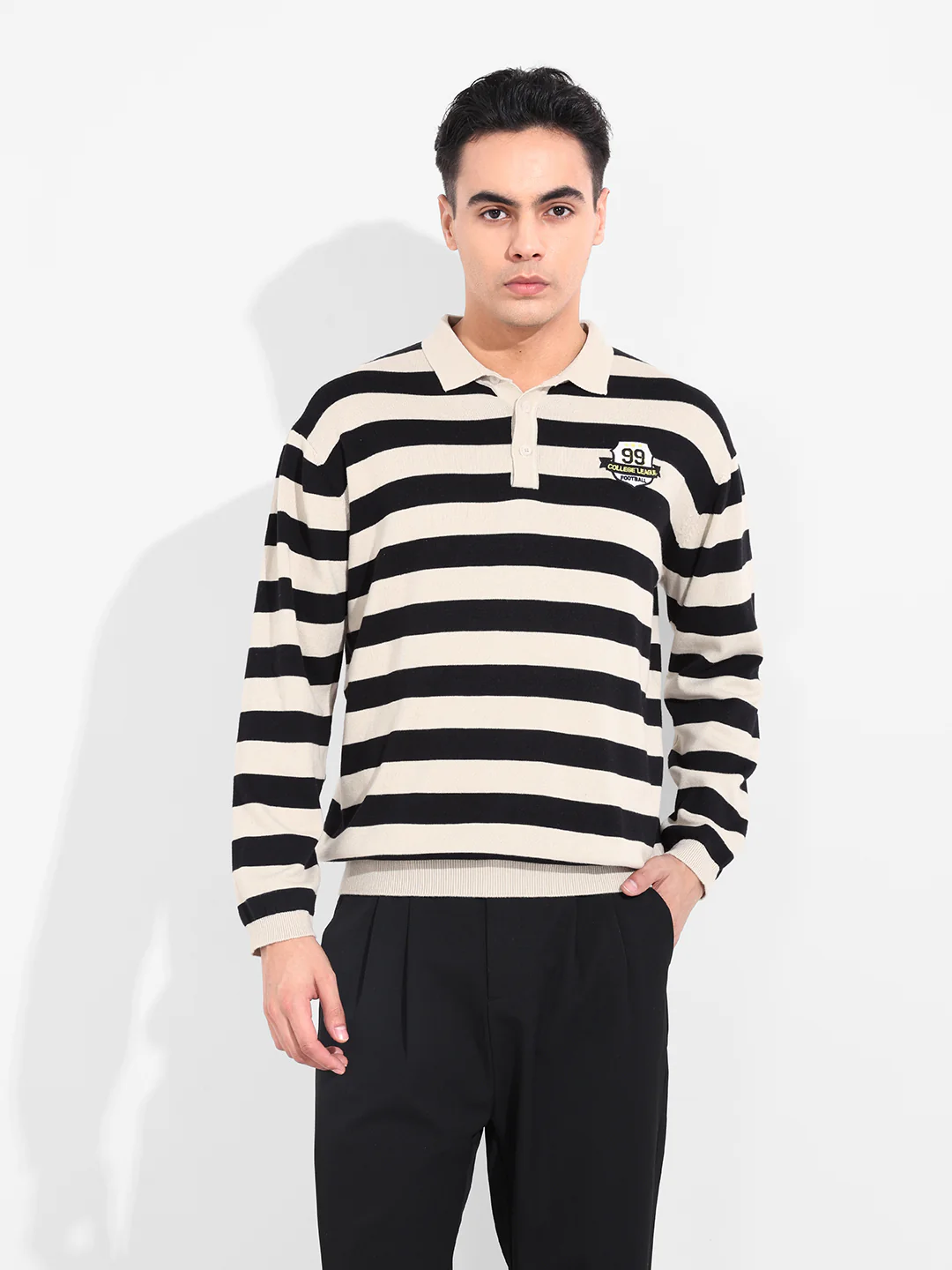 Men's Cream Oversized Fit Striped Flat Knit T-Shirt - Image 2