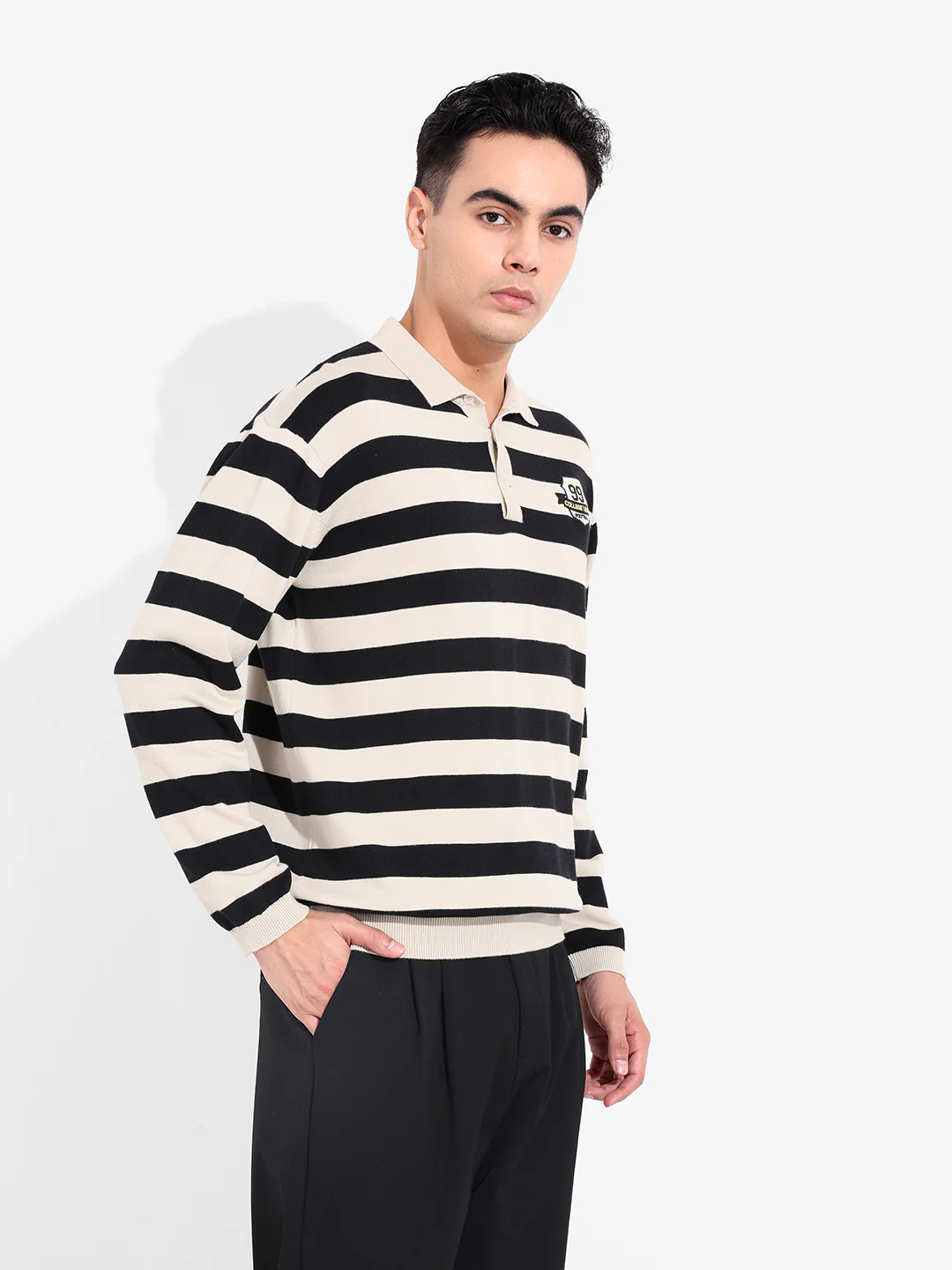 Men's Cream Oversized Fit Striped Flat Knit T-Shirt - Image 3