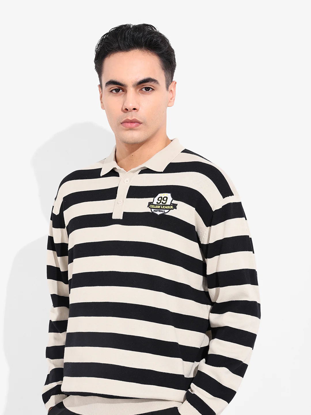 Men's Cream Oversized Fit Striped Flat Knit T-Shirt - Image 4