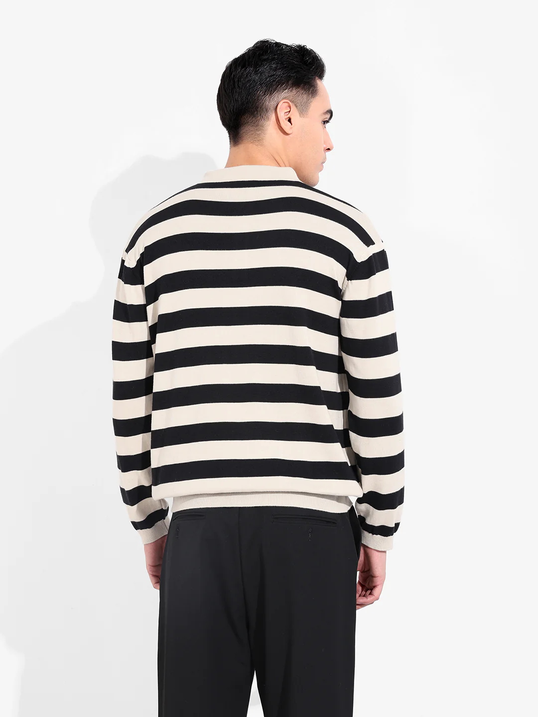 Men's Cream Oversized Fit Striped Flat Knit T-Shirt - Image 5
