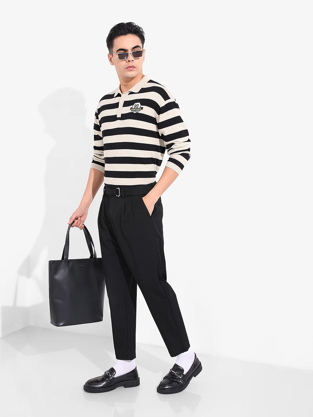 Men's Cream Oversized Fit Striped Flat Knit T-Shirt - Image 6