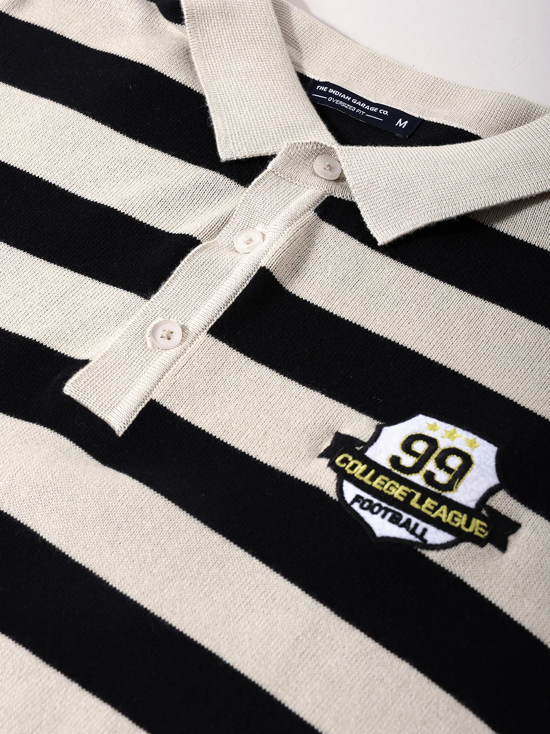 Men's Cream Oversized Fit Striped Flat Knit T-Shirt - Image 7