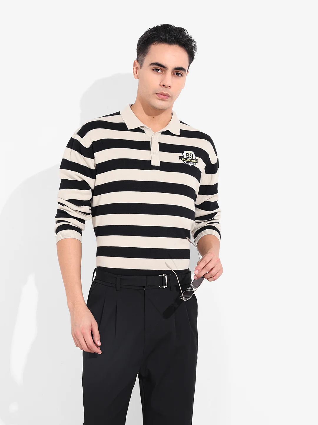 Men's Cream Oversized Fit Striped Flat Knit T-Shirt - Image 9