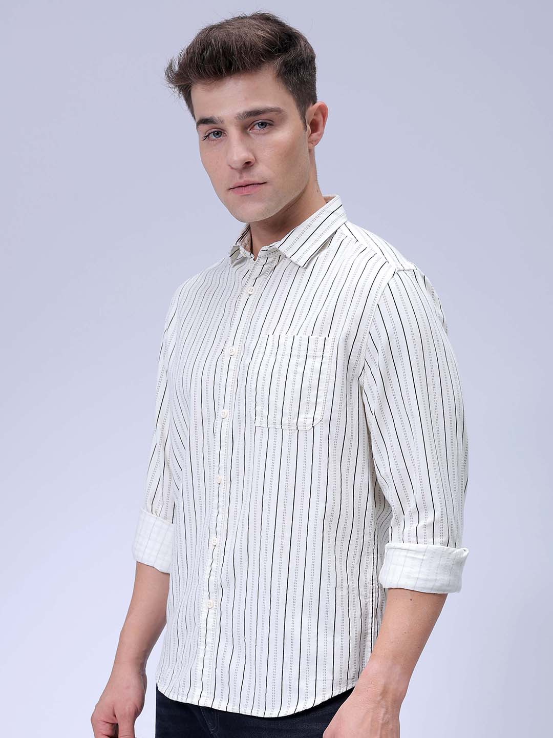 Men's Cream Regular Fit Solid Casual Shirt - Image 4