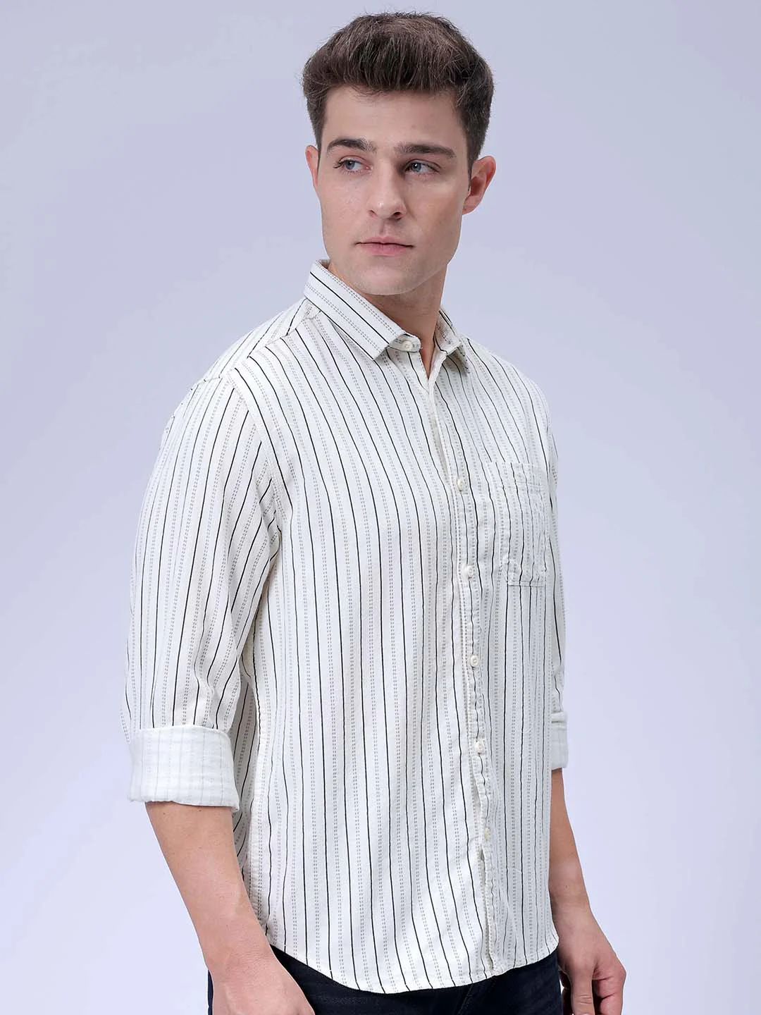 Men's Cream Regular Fit Solid Casual Shirt - Image 5