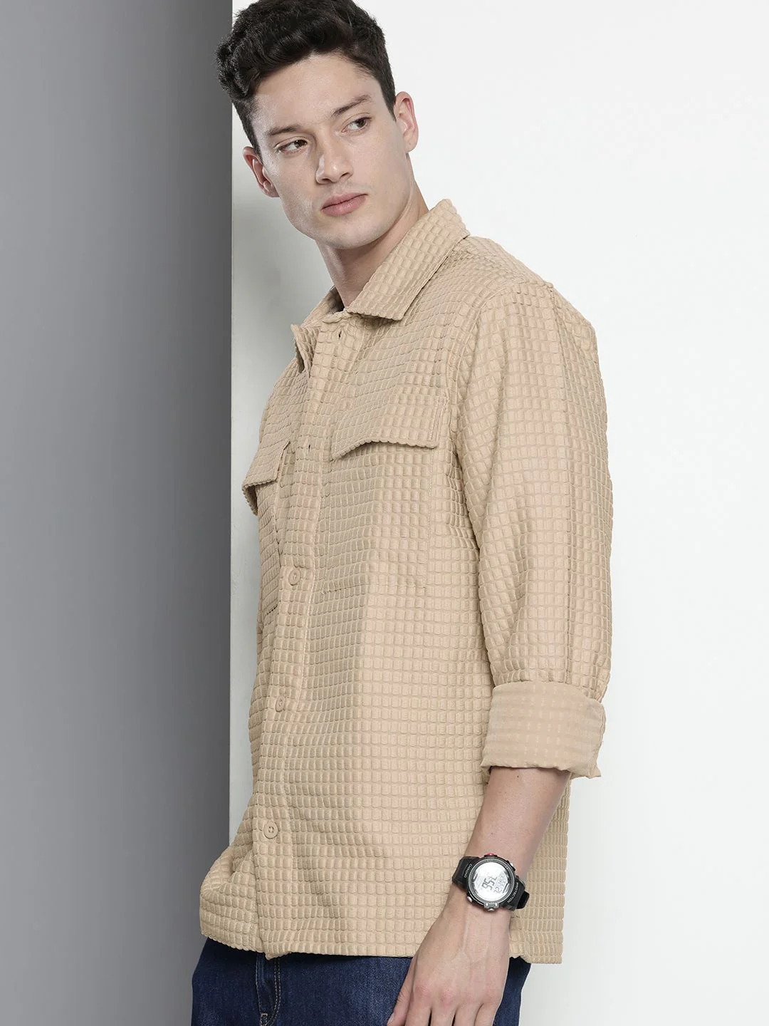 Men's Beige Regular Fit Solid Textured Shirt - Image 2