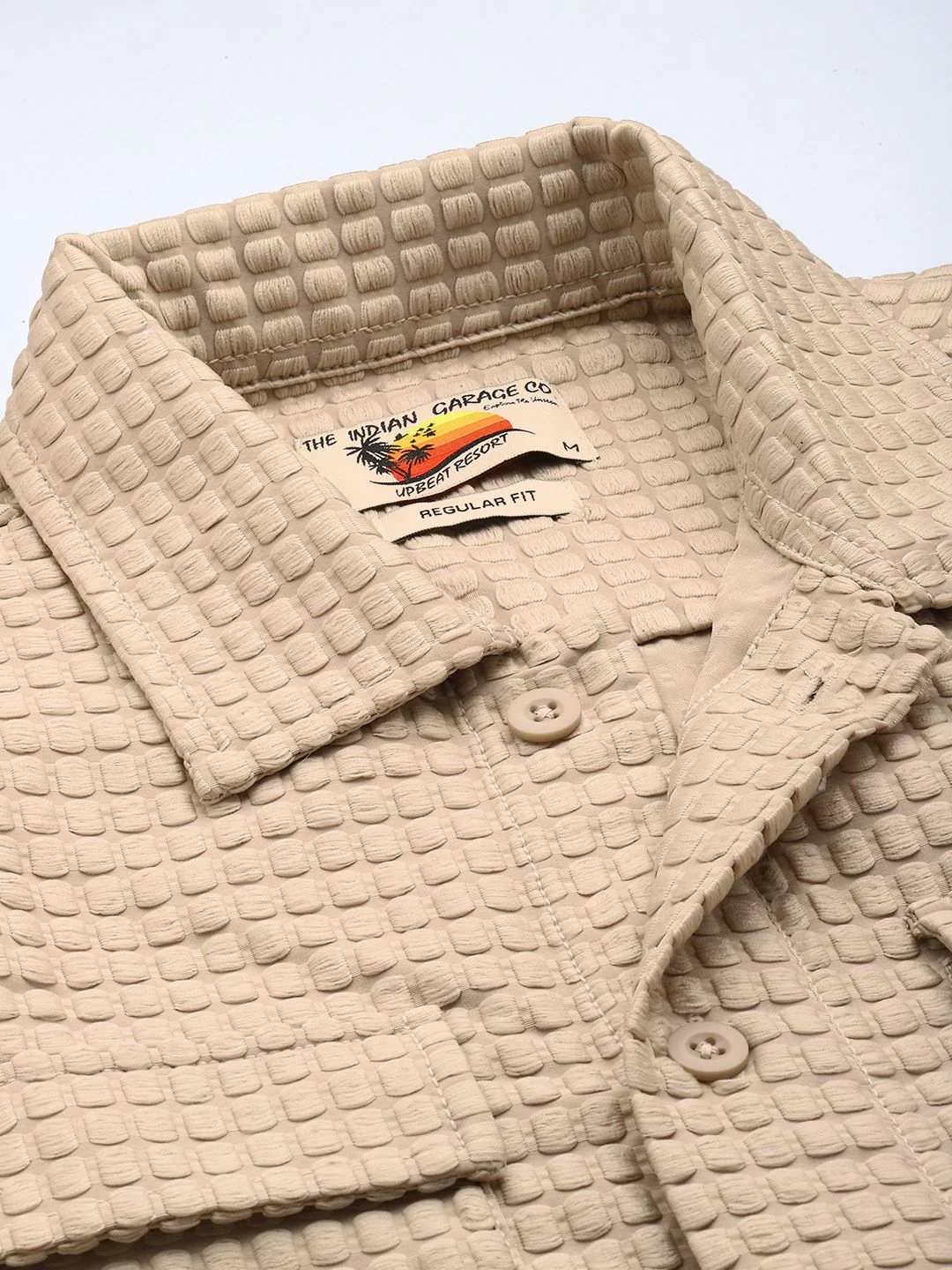 Men's Beige Regular Fit Solid Textured Shirt - Image 3