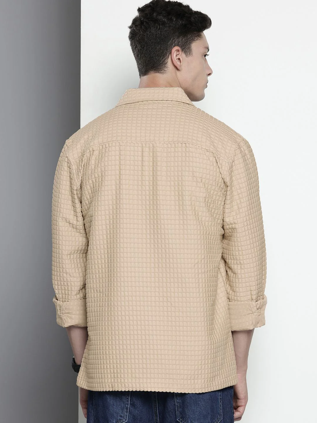 Men's Beige Regular Fit Solid Textured Shirt - Image 4