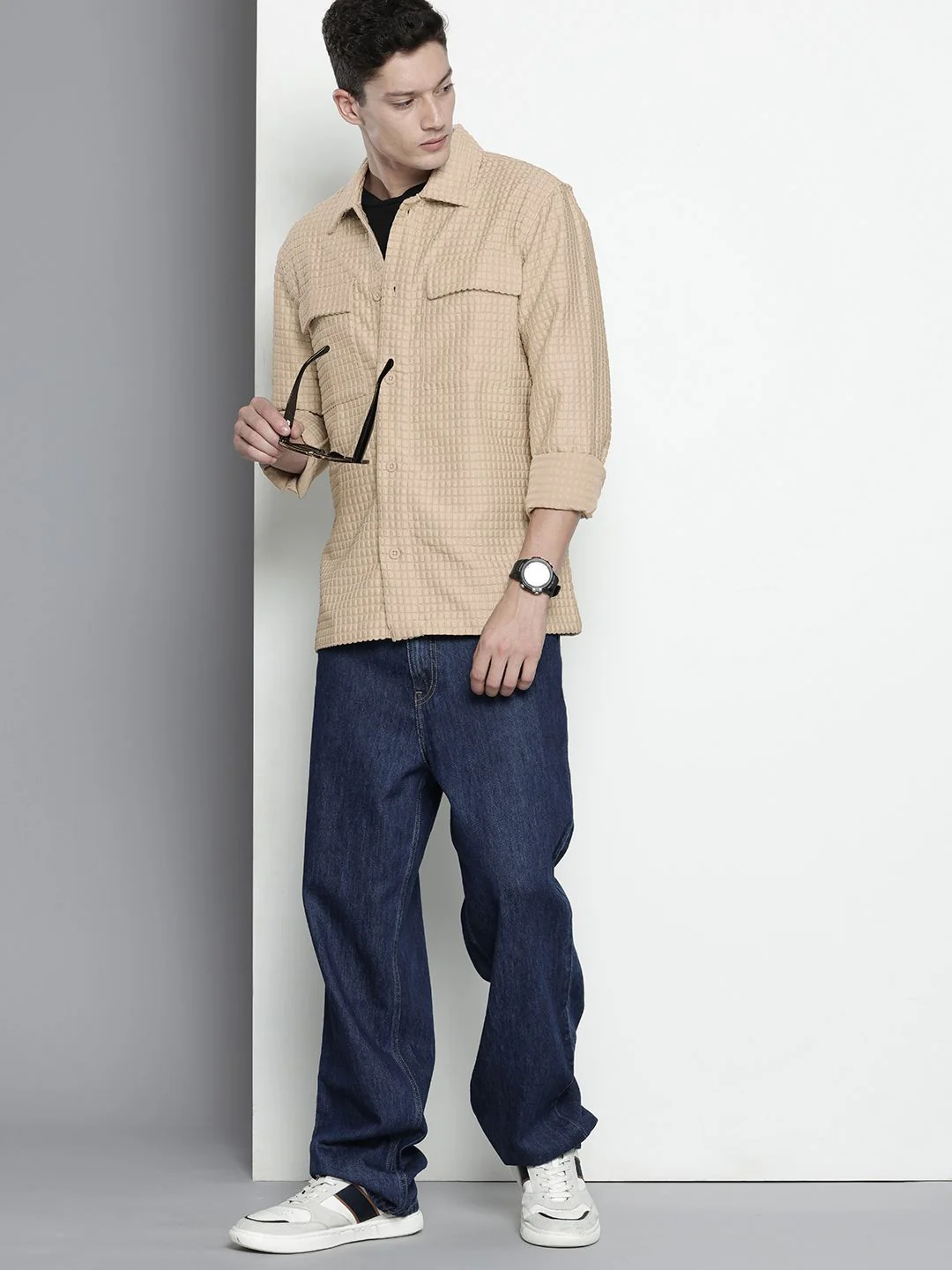 Men's Beige Regular Fit Solid Textured Shirt - Image 5