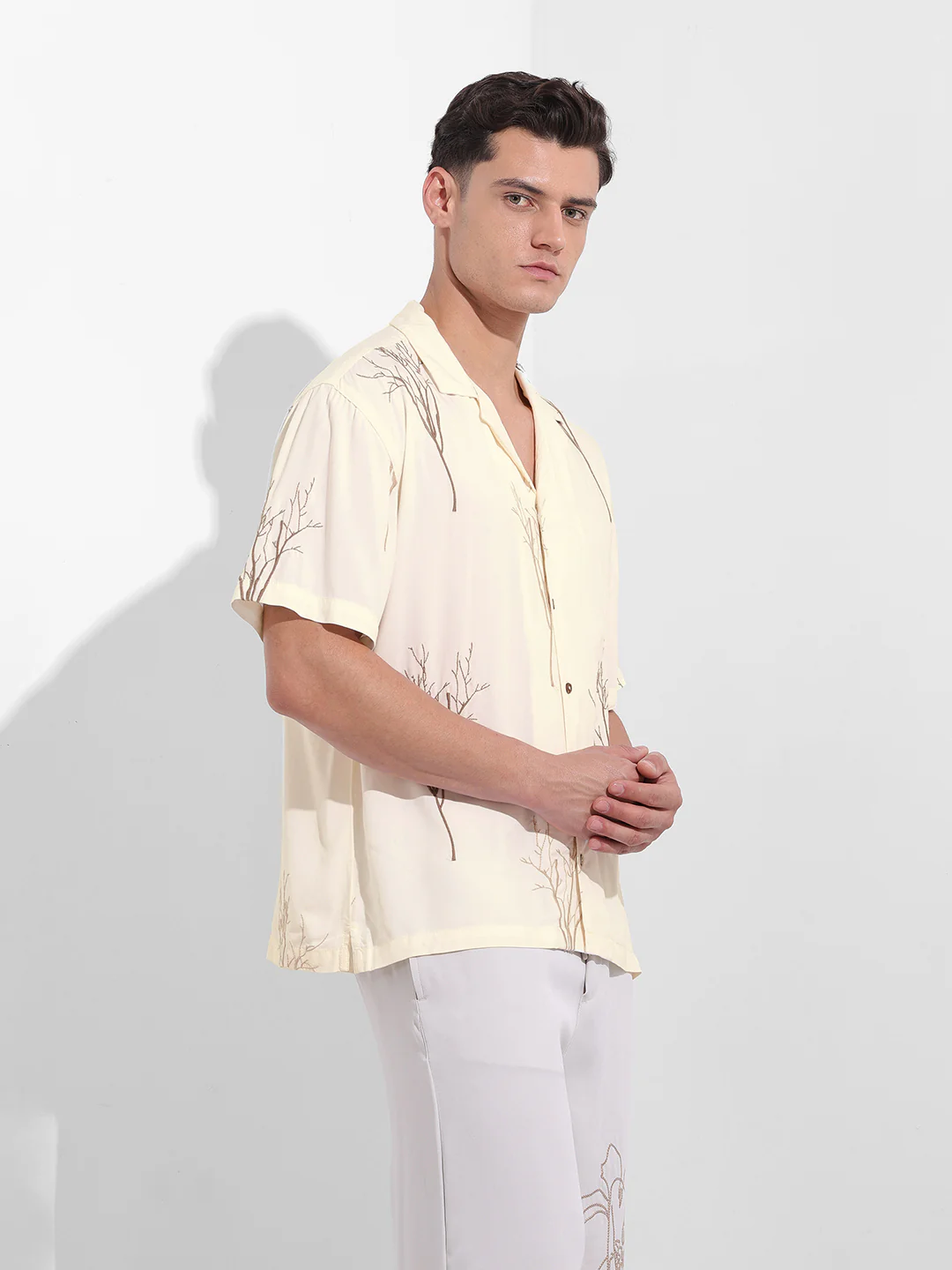 Men's Cream Relaxed Fit Textured Embroidered Shirt - Image 3