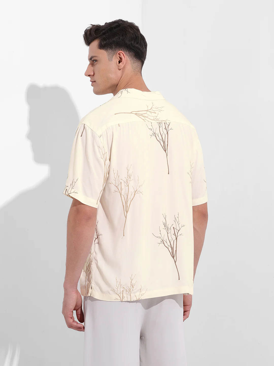 Men's Cream Relaxed Fit Textured Embroidered Shirt - Image 4