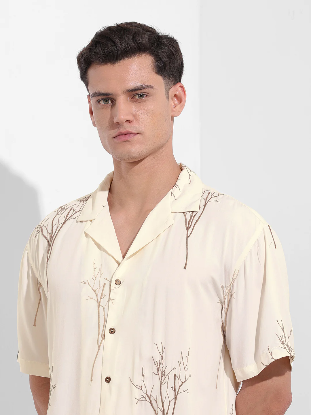 Men's Cream Relaxed Fit Textured Embroidered Shirt - Image 5
