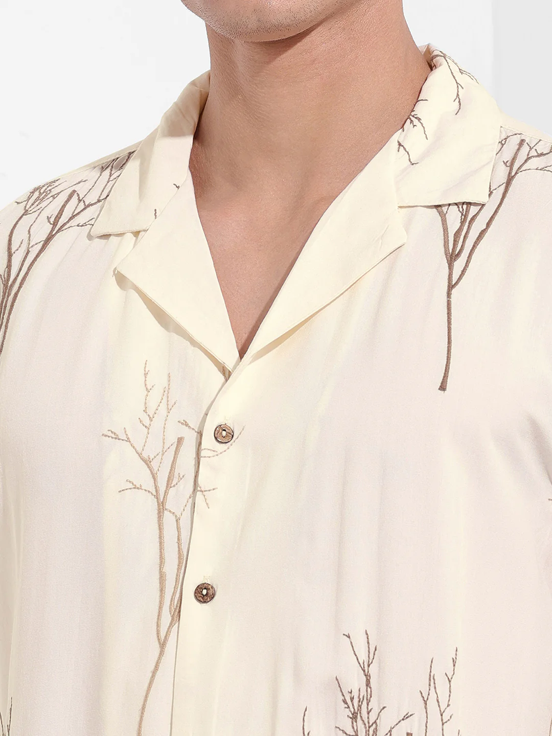 Men's Cream Relaxed Fit Textured Embroidered Shirt - Image 6