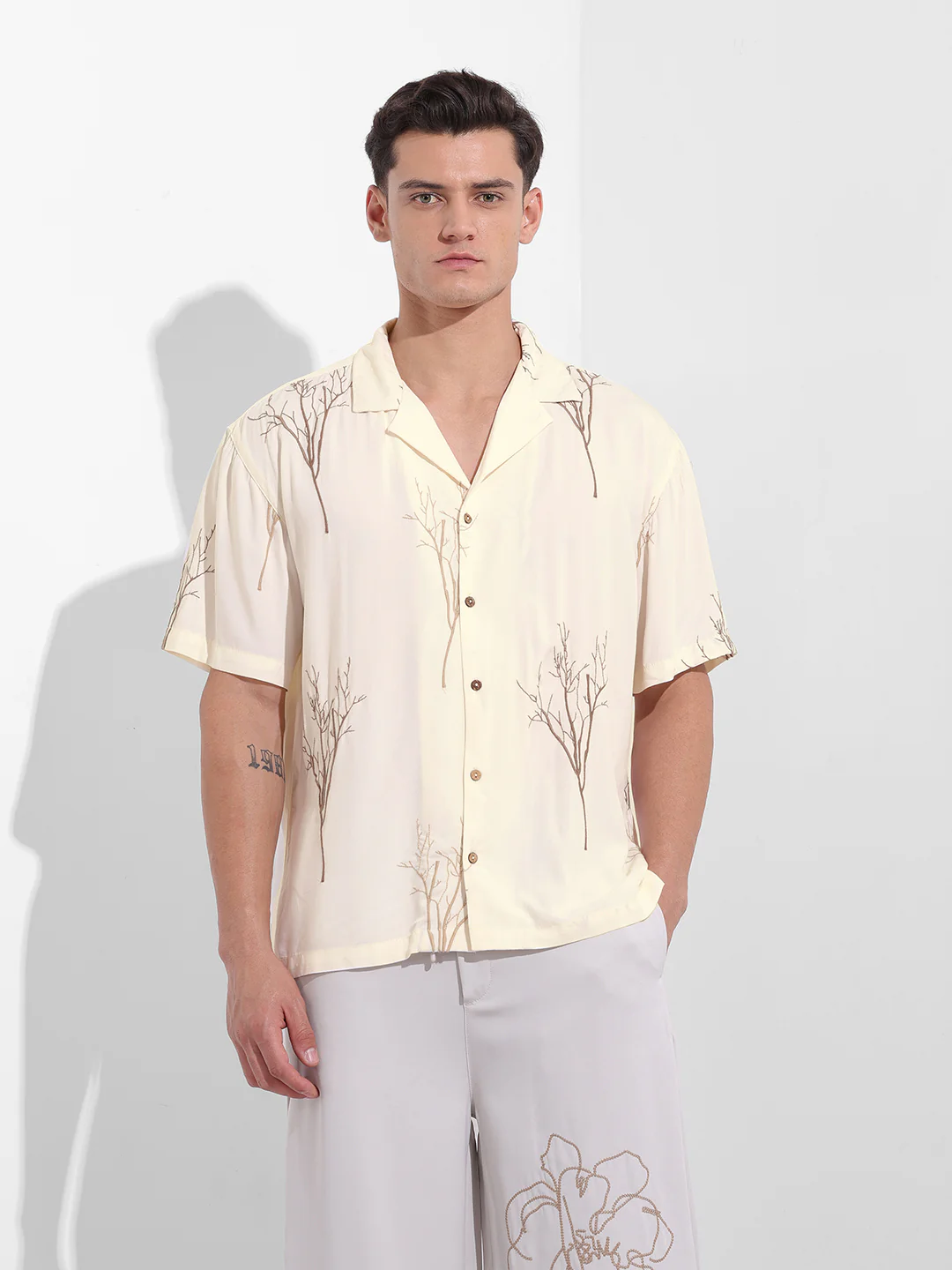 Men's Cream Relaxed Fit Textured Embroidered Shirt - Image 7