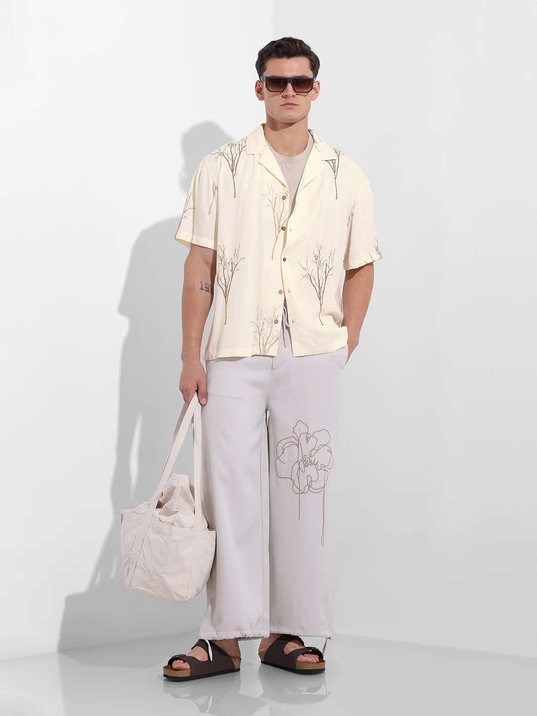 Men's Cream Relaxed Fit Textured Embroidered Shirt - Image 8