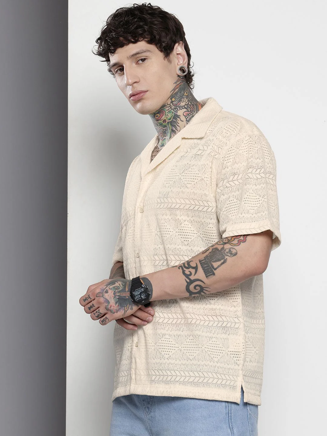 Men's Cream Relaxed Fit Textured Textured Shirt - Image 2