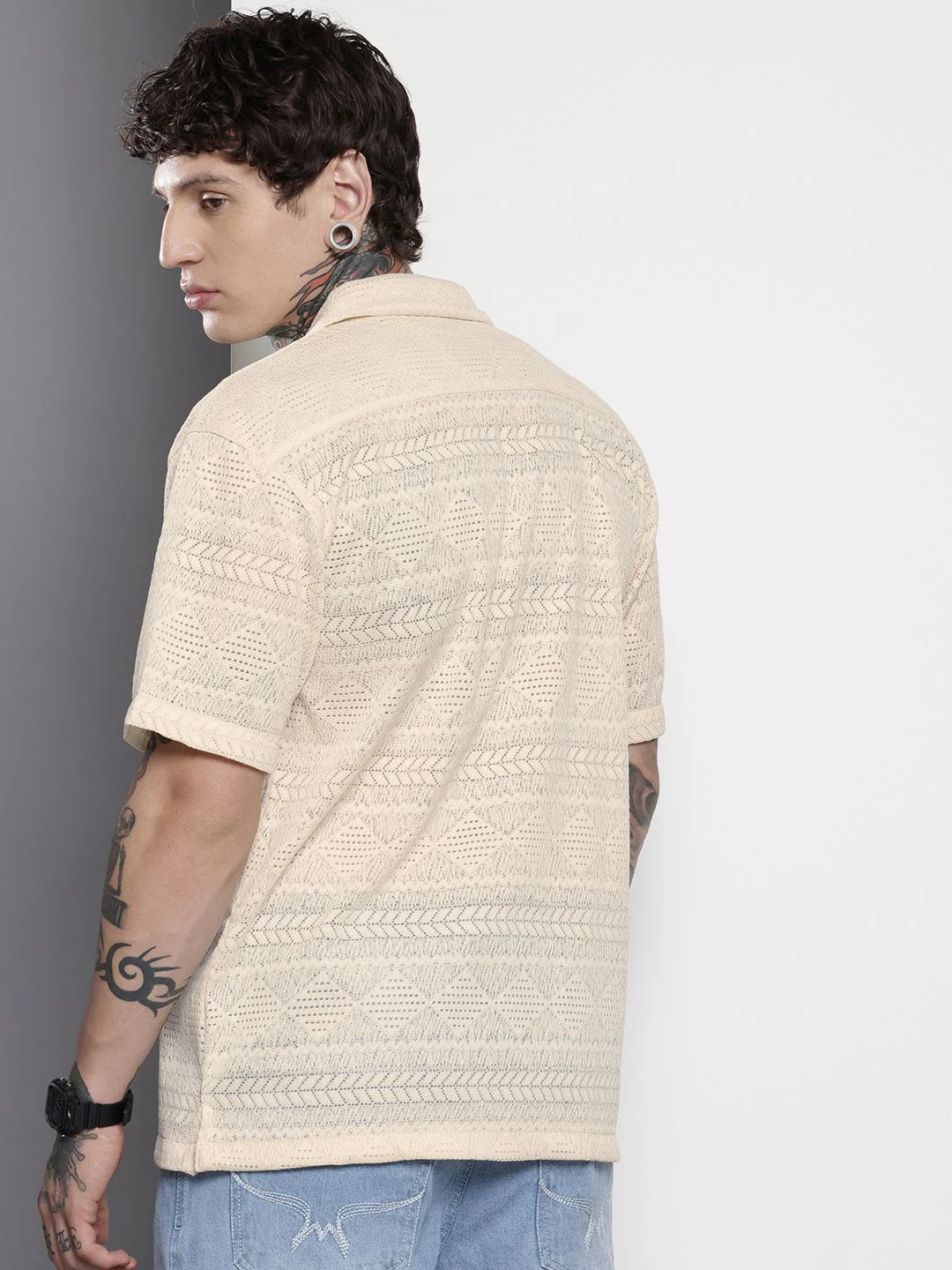 Men's Cream Relaxed Fit Textured Textured Shirt - Image 4