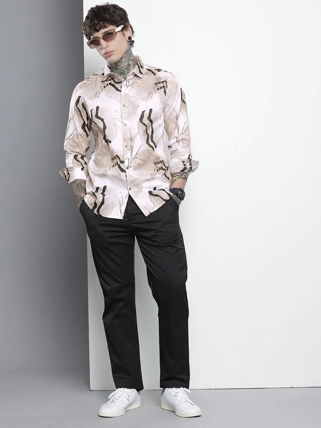 Men's Cream Slim Fit Printed Party Wear Shirt - Image 4