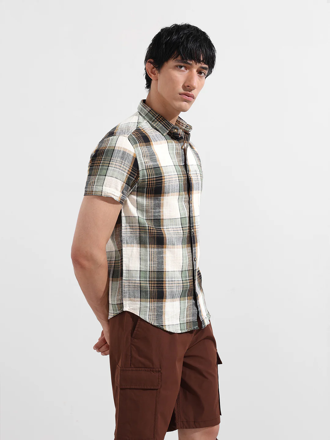 Men's Cream Slim Fit Checked Casual Shirt - Image 4