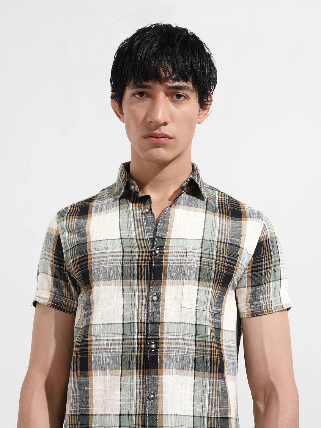 Men's Cream Slim Fit Checked Casual Shirt - Image 5