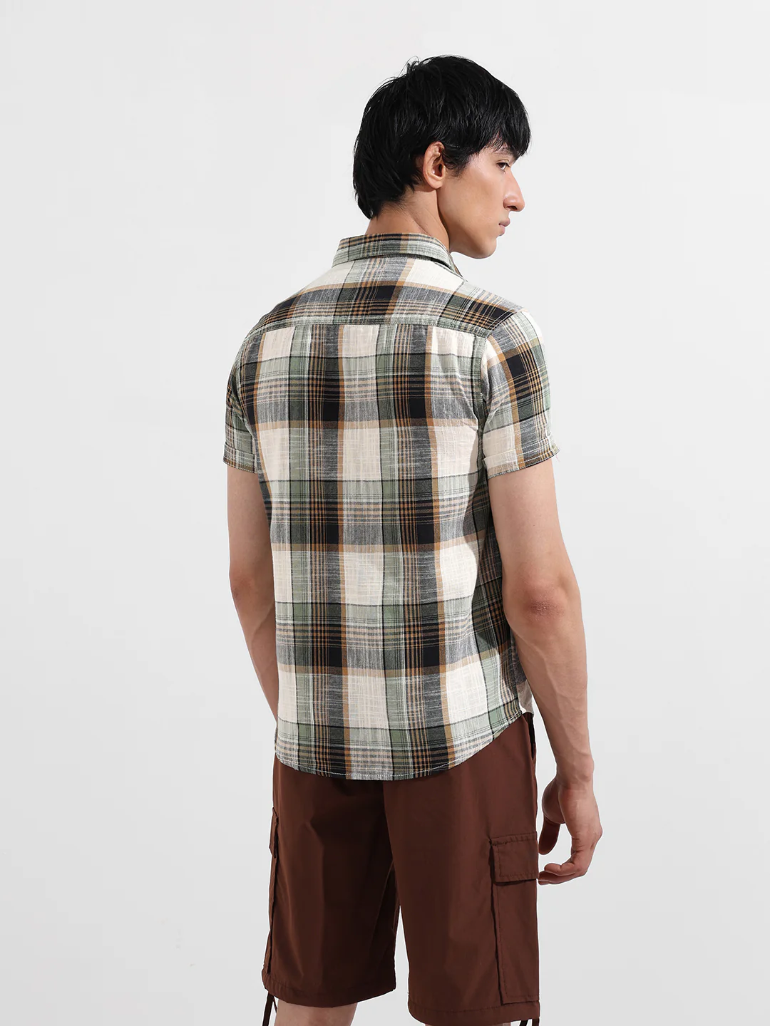 Men's Cream Slim Fit Checked Casual Shirt - Image 6