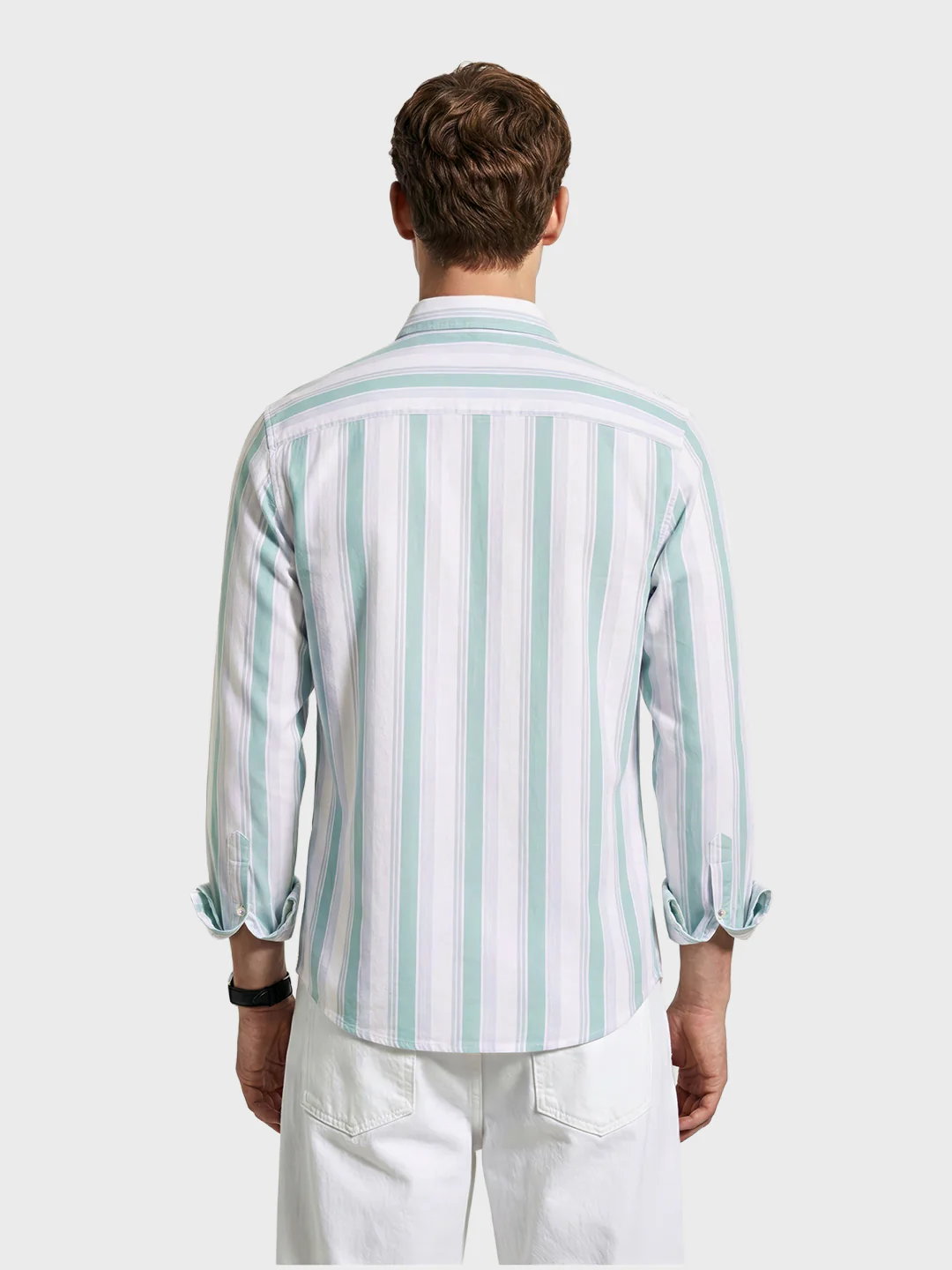 Men's Cream Slim Fit Striped Casual Shirt - Image 4