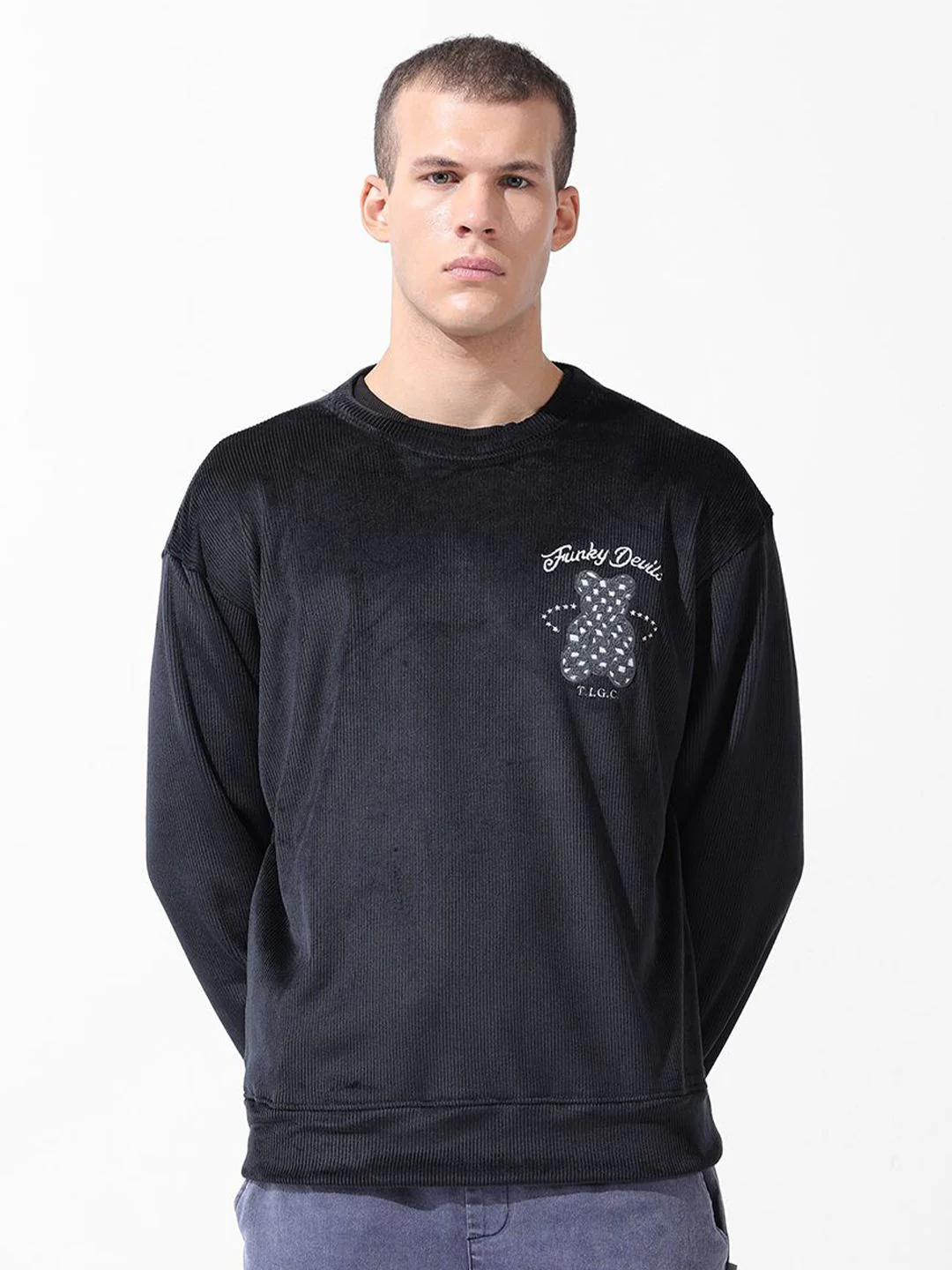 Men's Black Oversized Fit Textured Casual Sweatshirts - Image 3