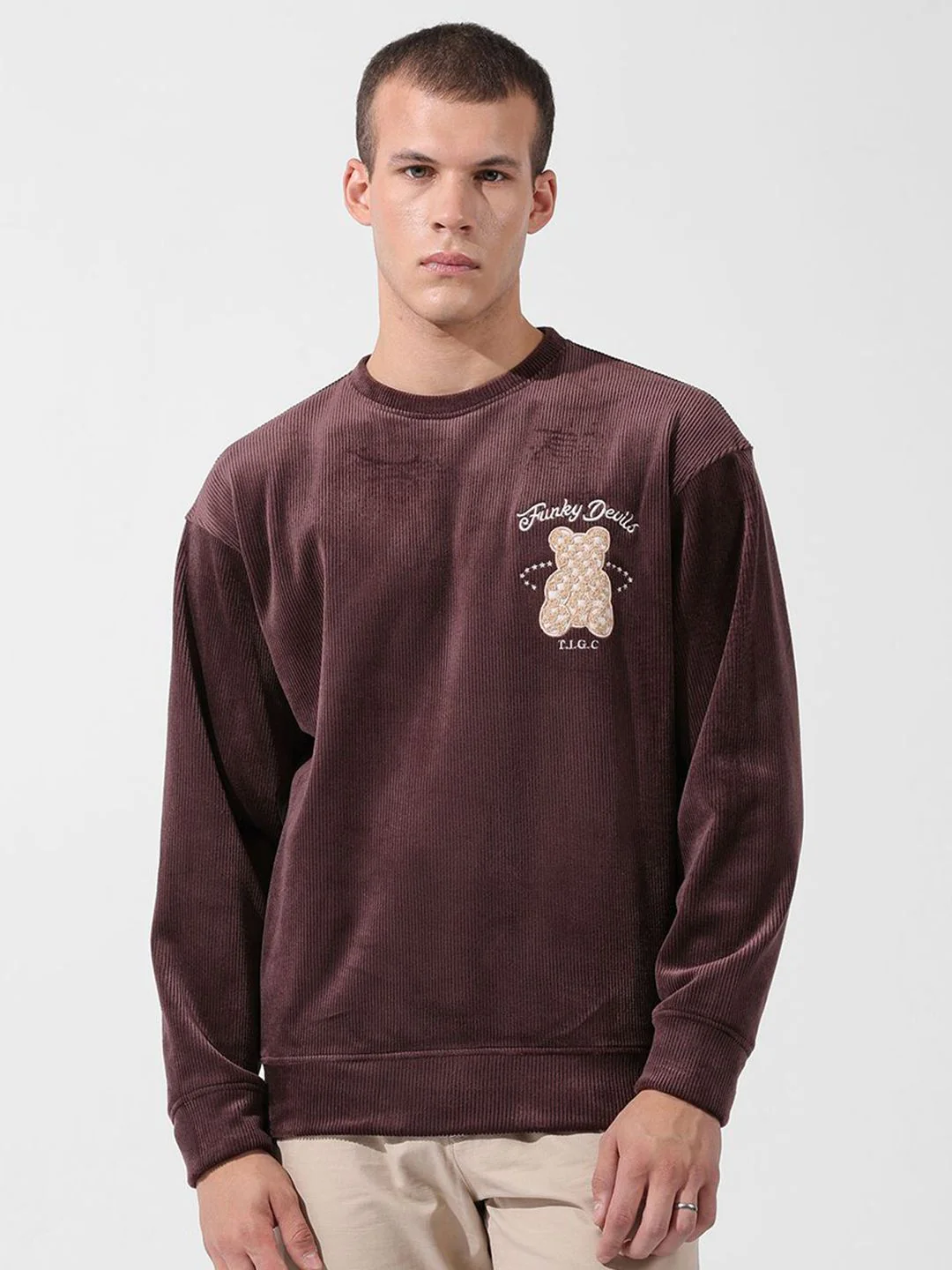 Men's Ground Coffee Oversized Fit Textured Casual Sweatshirts - Image 3