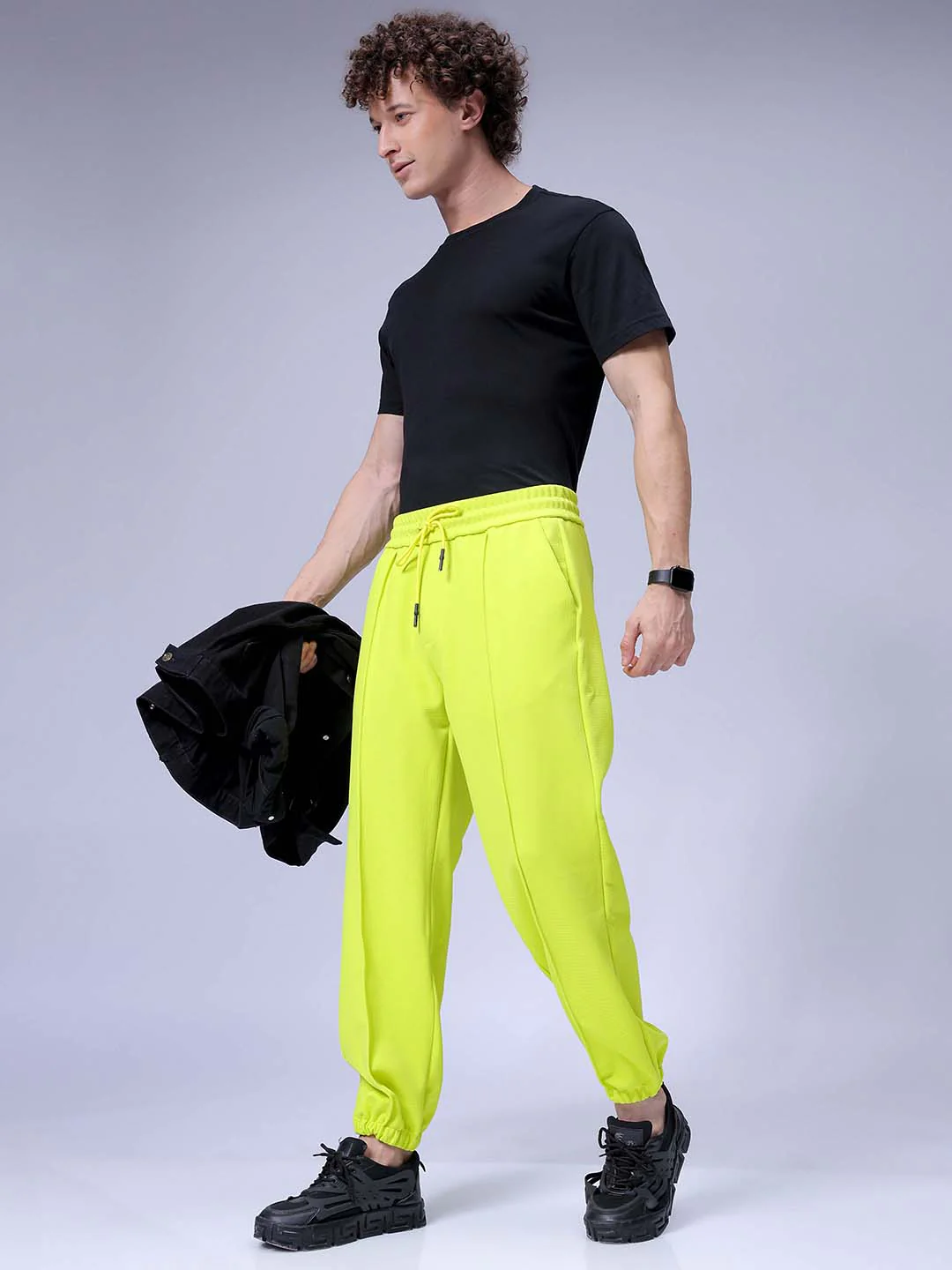 Men's Cyber Lime Loose Fit Textured Athletic  Jogger - Image 4