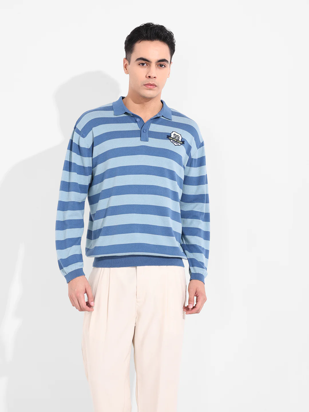 Men's Dark Blue Oversized Fit Striped Flat Knit T-Shirt - Image 2