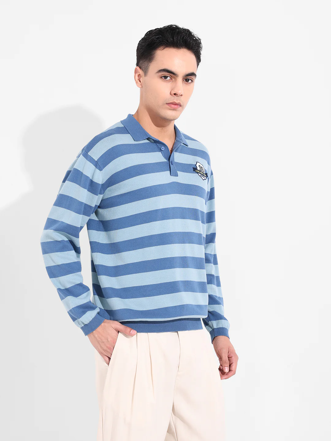 Men's Dark Blue Oversized Fit Striped Flat Knit T-Shirt - Image 3