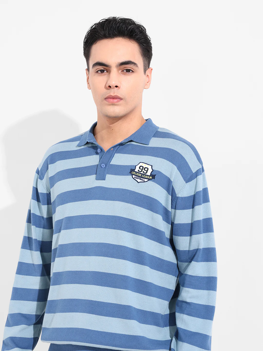 Men's Dark Blue Oversized Fit Striped Flat Knit T-Shirt - Image 4