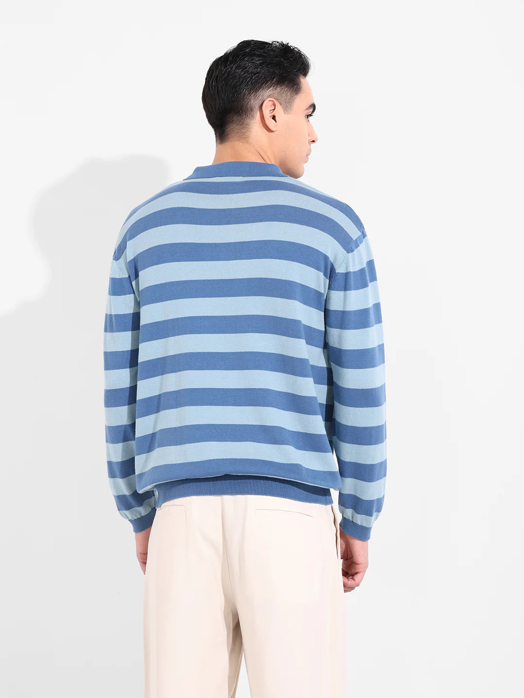 Men's Dark Blue Oversized Fit Striped Flat Knit T-Shirt - Image 5