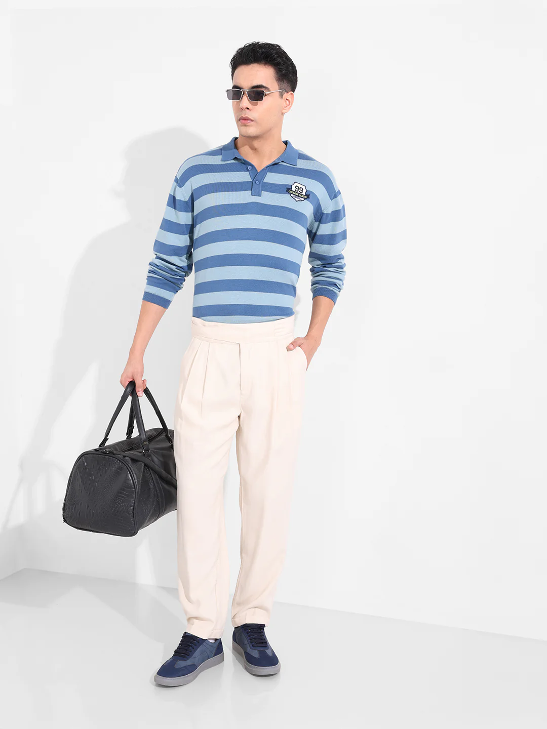 Men's Dark Blue Oversized Fit Striped Flat Knit T-Shirt - Image 6