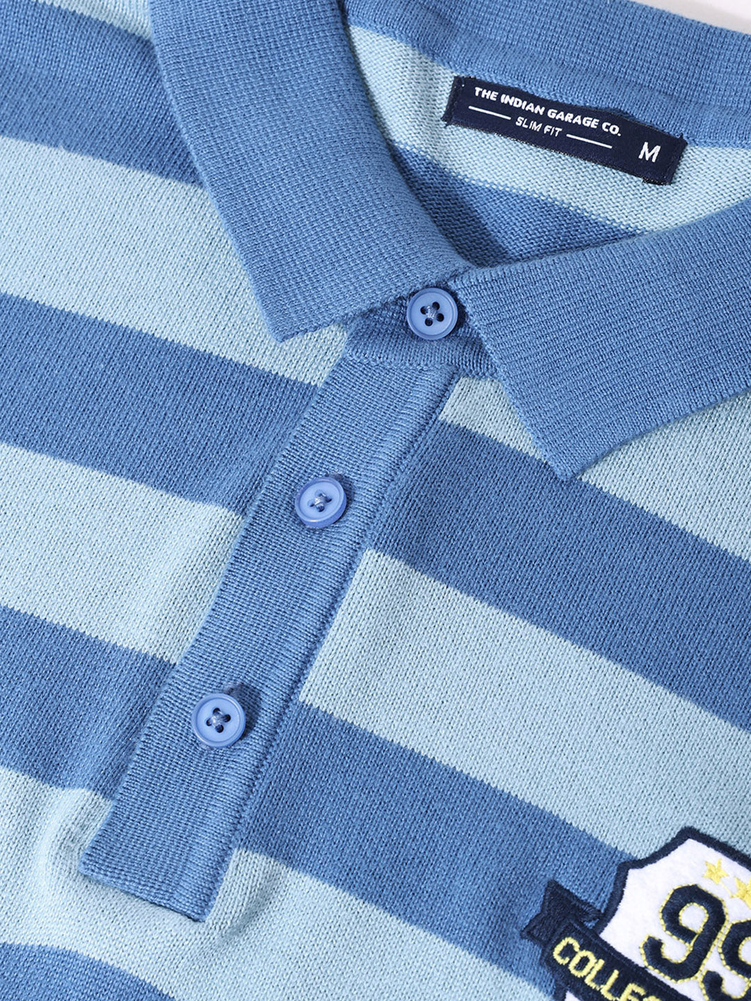 Men's Dark Blue Oversized Fit Striped Flat Knit T-Shirt - Image 7