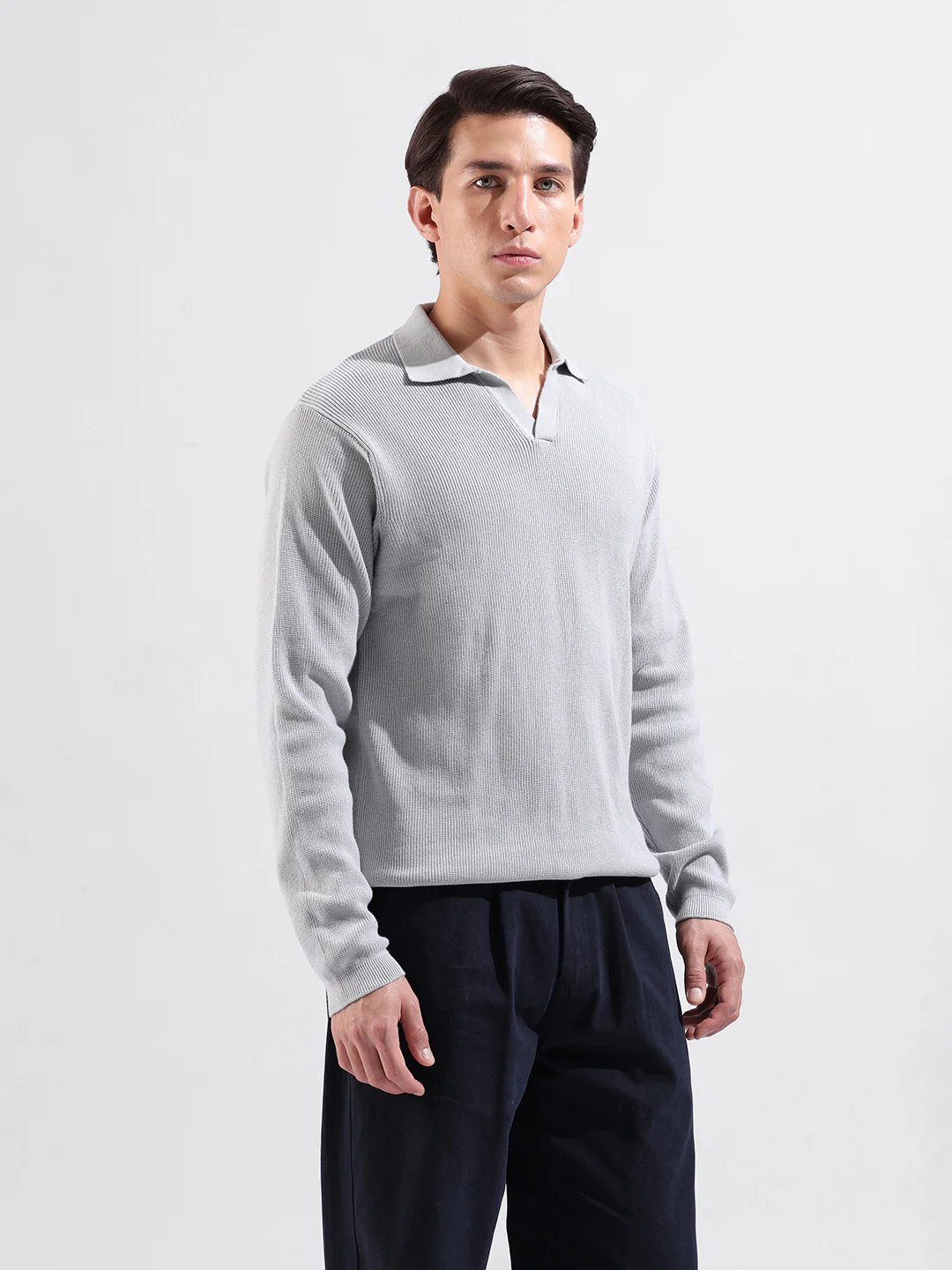 Men's Grey Slim Fit Striped Flat Knit T-Shirt - Image 2