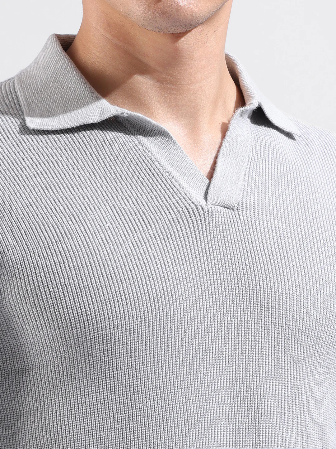 Men's Grey Slim Fit Striped Flat Knit T-Shirt - Image 3
