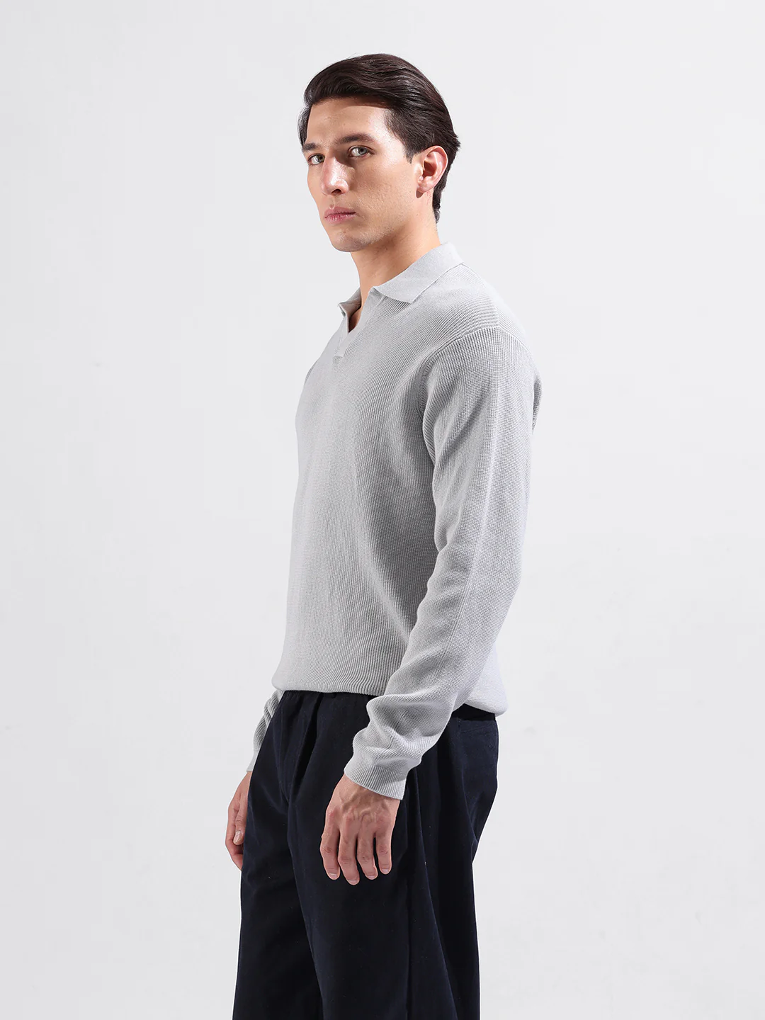 Men's Grey Slim Fit Striped Flat Knit T-Shirt - Image 4