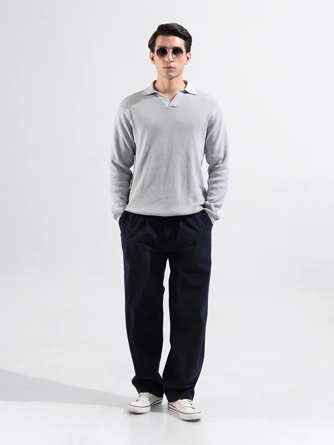 Men's Grey Slim Fit Striped Flat Knit T-Shirt - Image 6