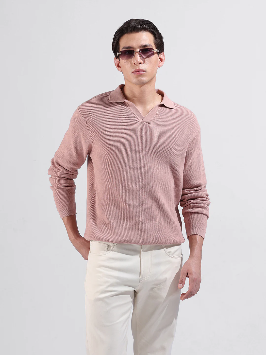 Men's Peach Slim Fit Striped Flat Knit Polo Neck T-Shirt - Image 2