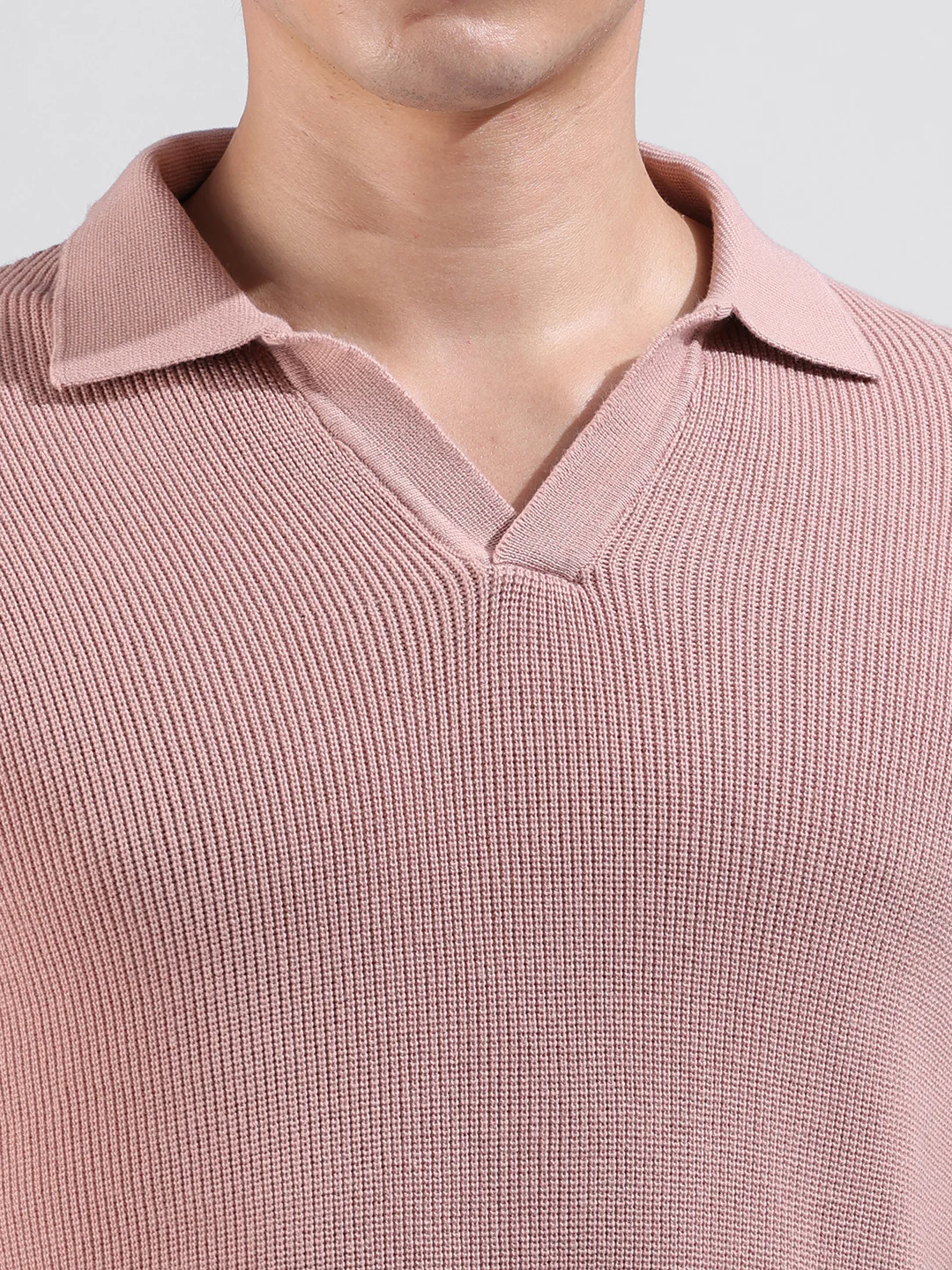 Men's Peach Slim Fit Striped Flat Knit Polo Neck T-Shirt - Image 3