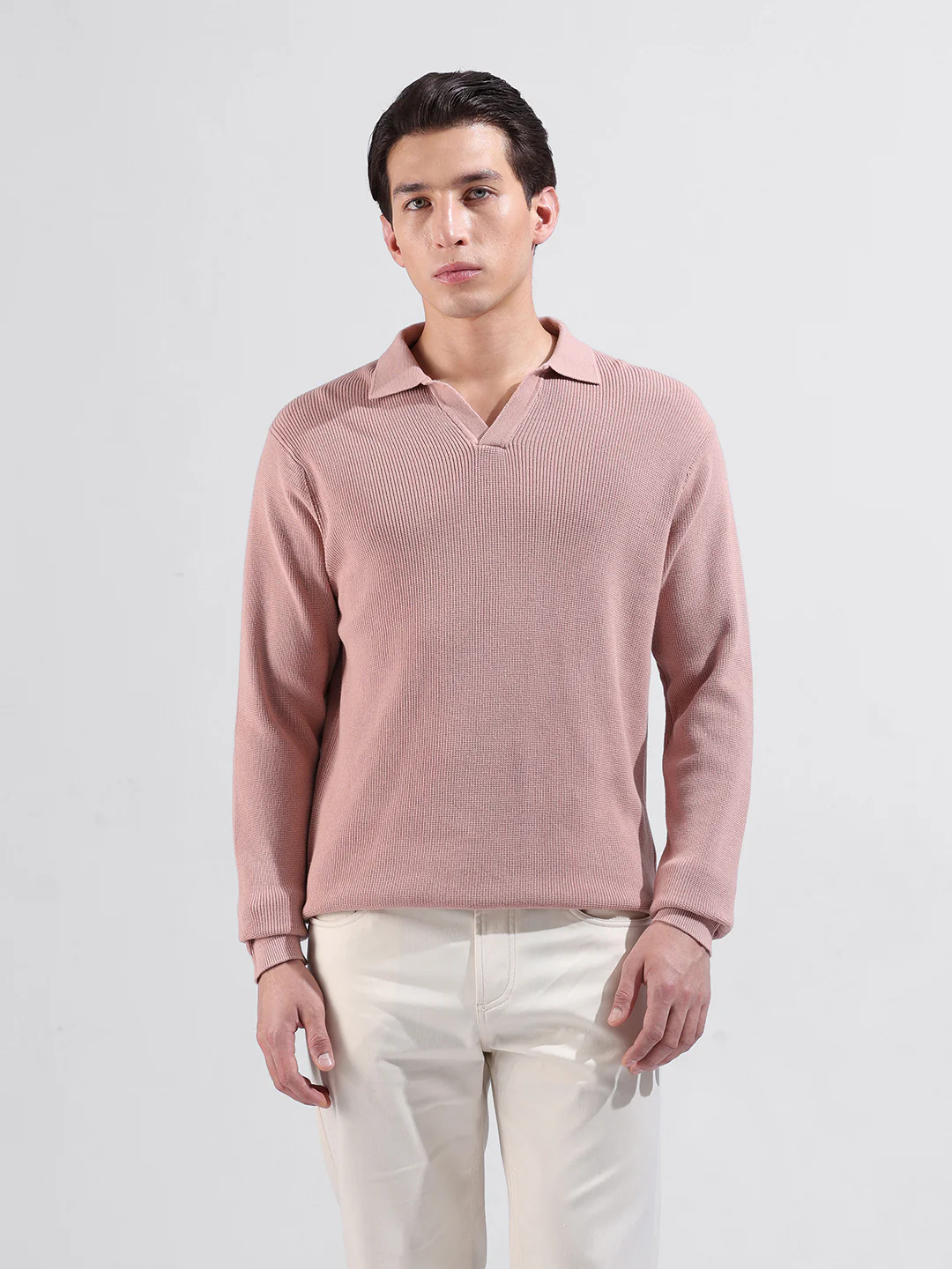 Men's Peach Slim Fit Striped Flat Knit Polo Neck T-Shirt - Image 4