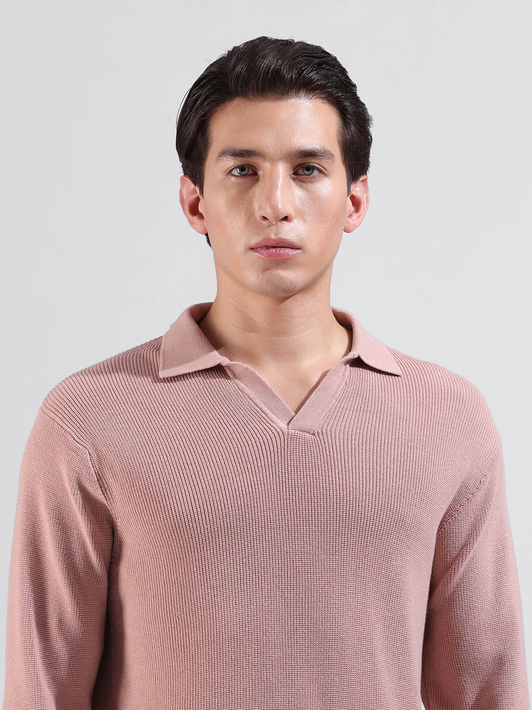 Men's Peach Slim Fit Striped Flat Knit Polo Neck T-Shirt - Image 5