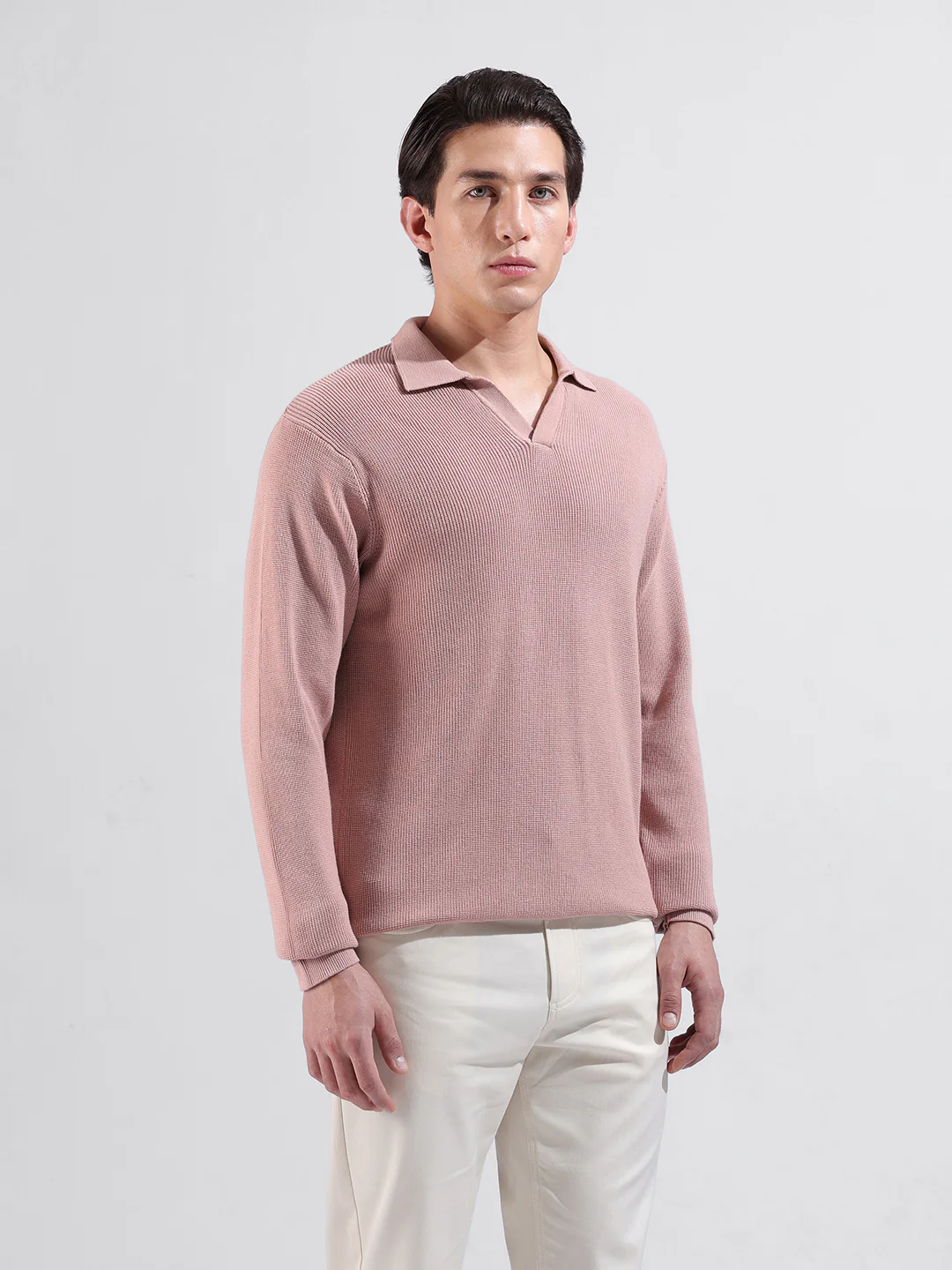 Men's Peach Slim Fit Striped Flat Knit Polo Neck T-Shirt - Image 6