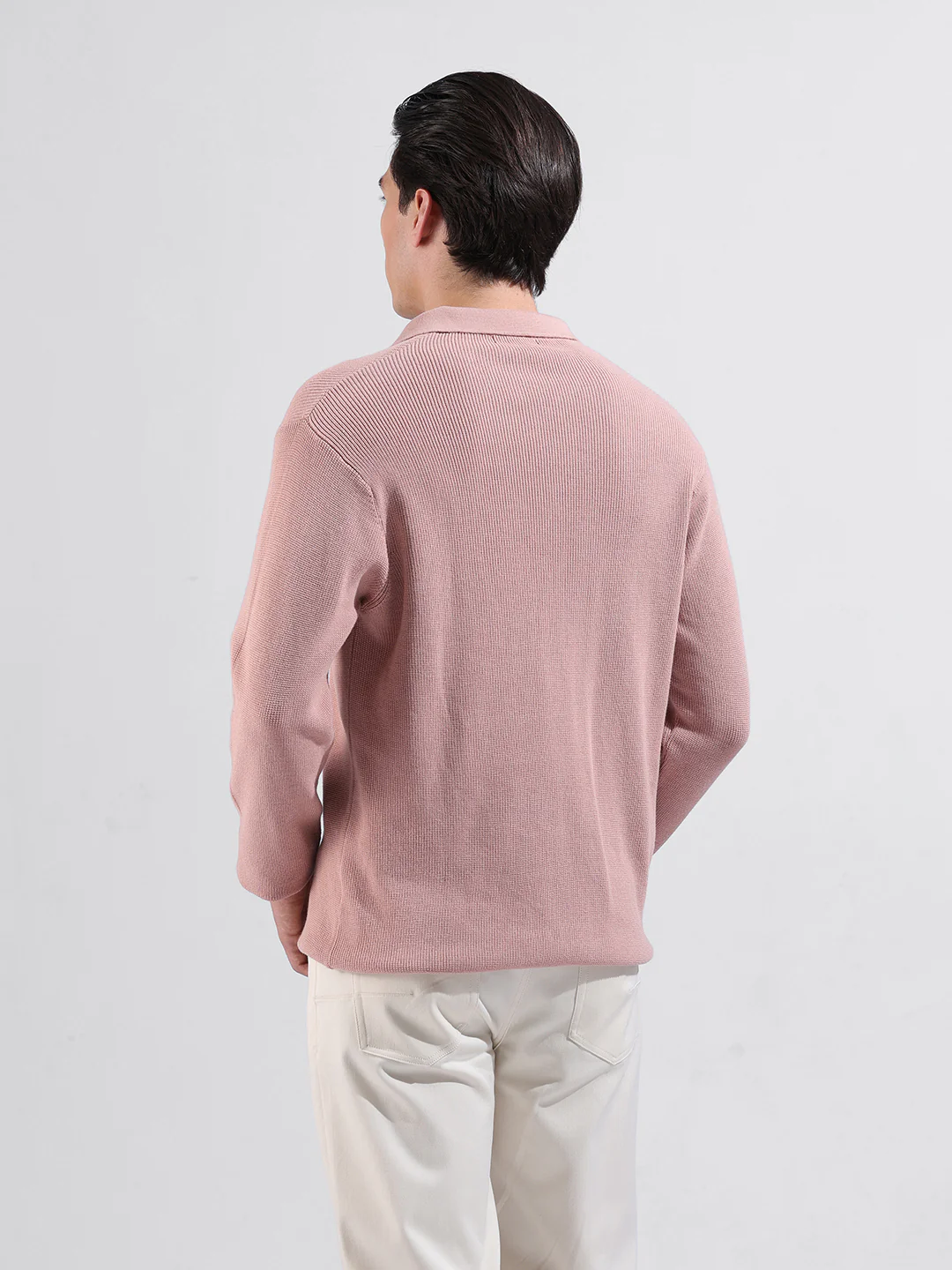 Men's Peach Slim Fit Striped Flat Knit Polo Neck T-Shirt - Image 7