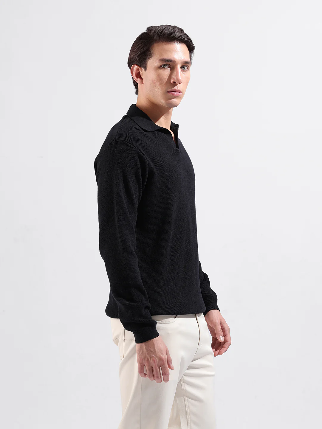 Men's Black Slim Fit Striped Flat Knit Polo Neck T-Shirt - Image 2