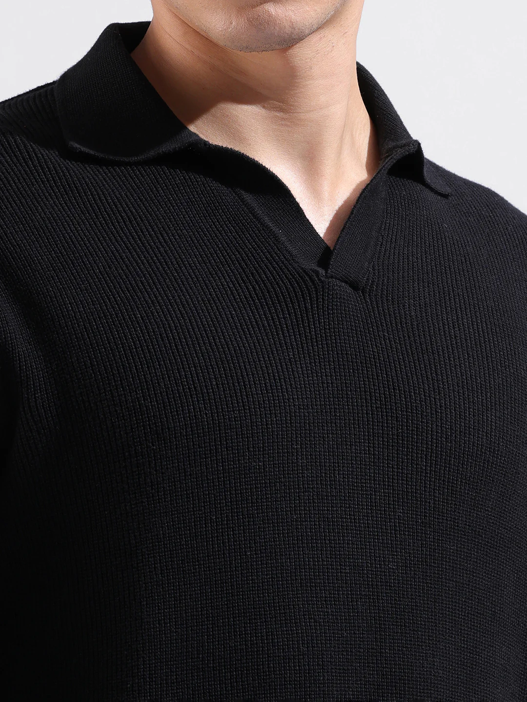 Men's Black Slim Fit Striped Flat Knit Polo Neck T-Shirt - Image 3