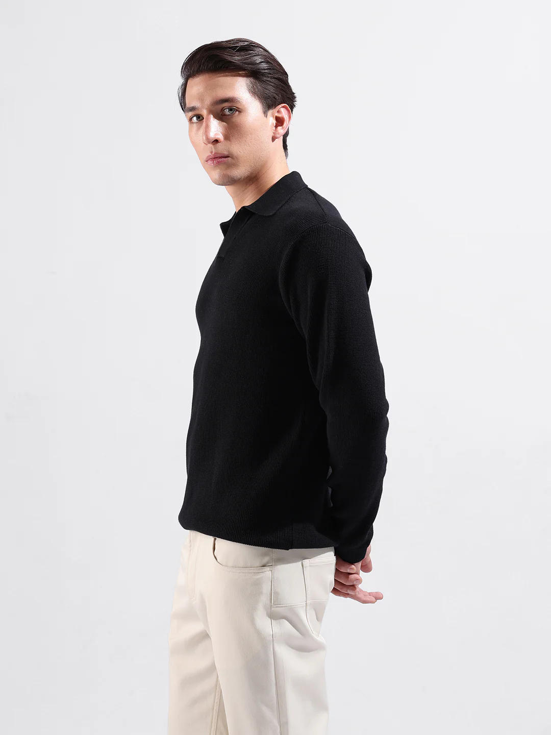 Men's Black Slim Fit Striped Flat Knit Polo Neck T-Shirt - Image 4