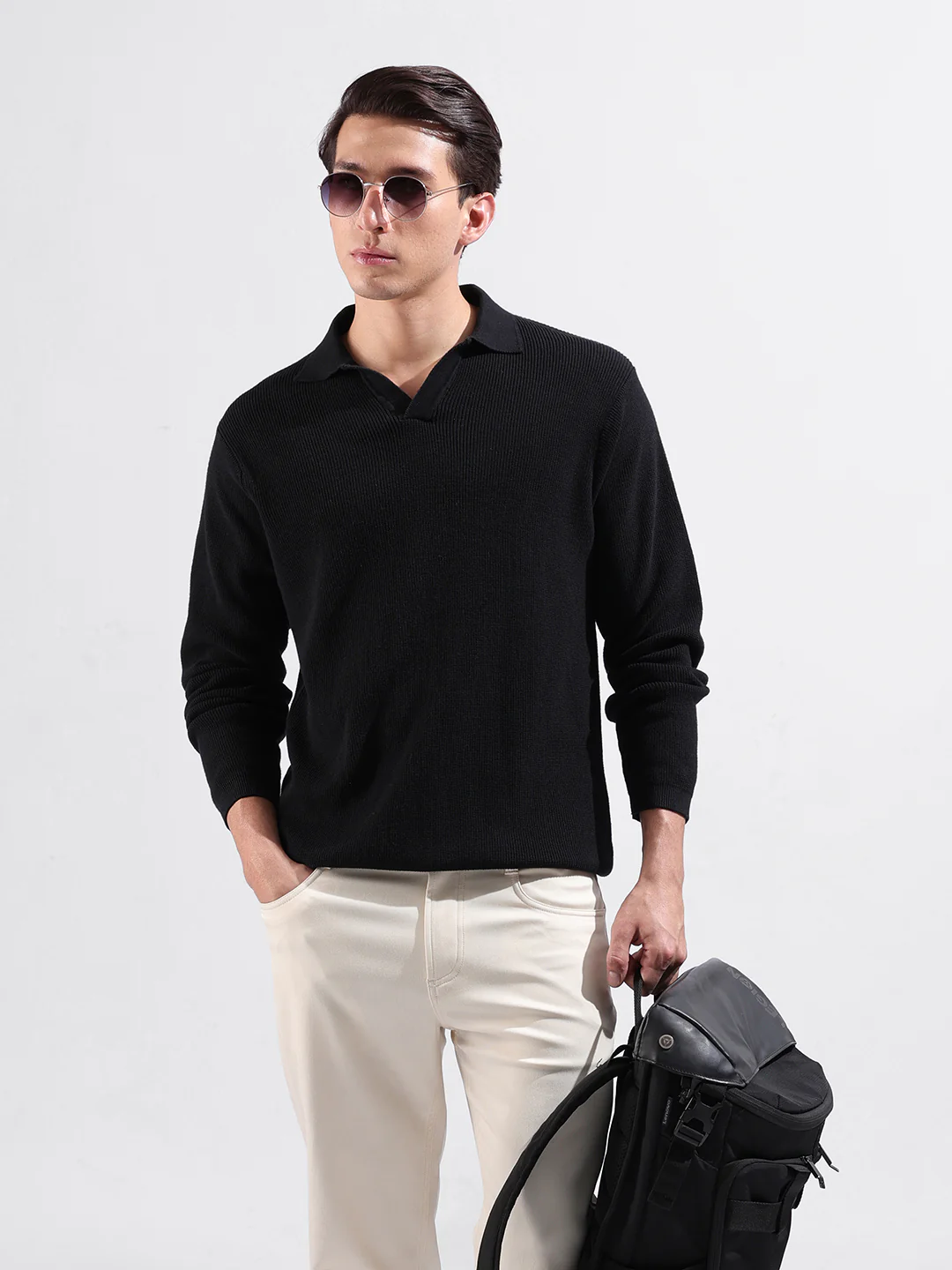 Men's Black Slim Fit Striped Flat Knit Polo Neck T-Shirt - Image 5